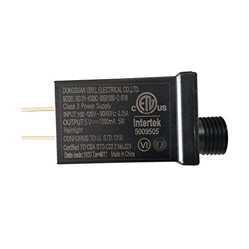 Ubill 5V LED Power Supply 1000mA 5W LED Transformer Raintight IP44 Low Voltage Adapter UL ETL Listed Lighting Driver for LED String Light, Holiday Lighting