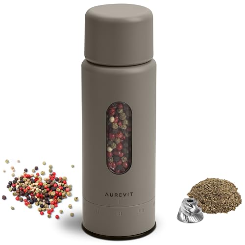 Aurevit Manuelle Pfeffermühle, Edelstahl-Mahlwerk, Extern einstellbarer Mahlgrad, Nachfüllbar, Hochwertig & langlebig (Greige)