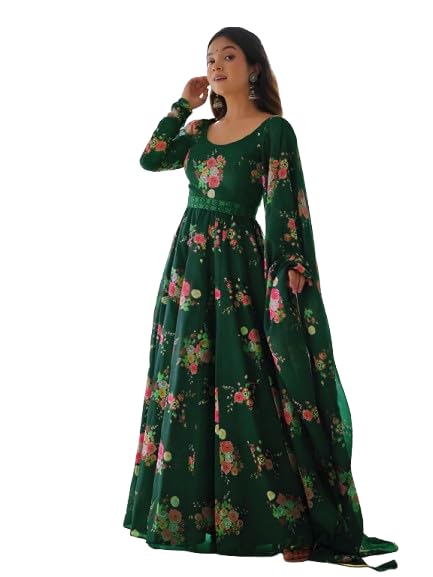 Teal Floral Print Anarkali Gown with Dupatta | Elegant Full Sleeve Floor-Length Dress | Festive for Women Design No K_T_Babali6-image-33