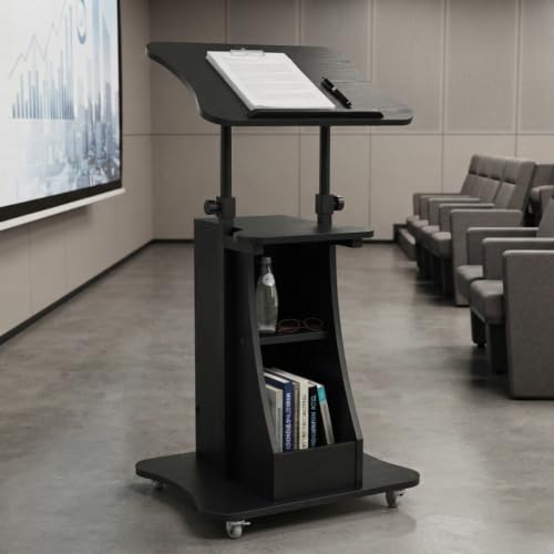 Image of POWERSTONE Sit to Stand Mobile Lectern Teacher Podium Portable Height Adjustable Podium Stand Rolling Laptop Desk Cart with Storage Shelf Swivel Top for Classroom, Concert, Church