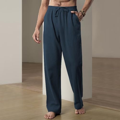 Men's Linen Dress Pants Casual Flat Front Linen Trousers Summer Beach Pants HXH103