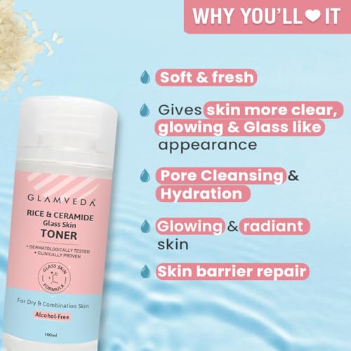 Image of Glamveda Korean Rice & Ceramide Face Toner | Rice Water Toner For Dry & Combination Skin | Pore Tightening & Glowing Skin | Fades Blemishes, Brightens & Smoothens | Women & Men | 100ml
