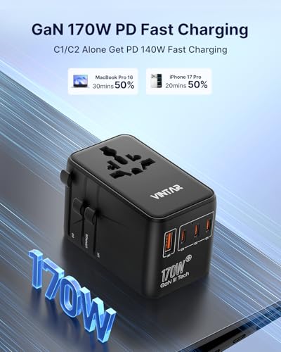 Image of VINTAR 170W GaN Universal Travel Adapter, 6-in-1 International Power Adapter with 2AC, 3 USB-C PD & 1 USB-A QC, All-in-One Charger Compatible with EU /UK /US /AU for Laptops, Tablets, Phones, Cameras