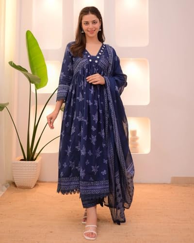 Image of Nermosa Women Printed Anarkali Kurta and Pant Set with Dupatta