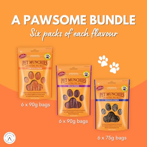 Pet Munchies Meaty Strips Bundle for Dogs, Multipack with Chicken, Venison, Duck Flavour, Natural Real Meat Dog Chew Treats, 18 Variety Bags, 255g - Image 3