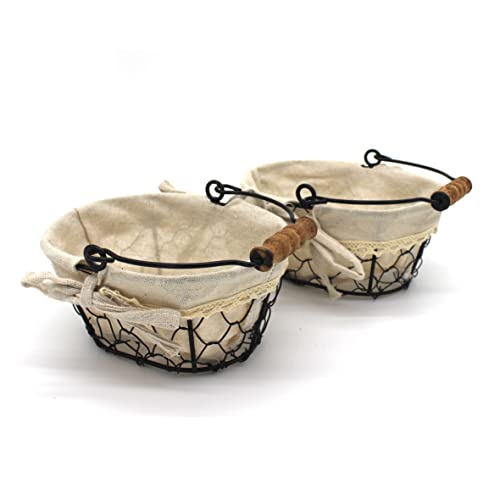 Cvhomedeco. Primitives Country Chicken Wire Small Gift Baskets Gathering Baskets With Wooden Handle And Fabric Liner. Set Of 2 (Oval) #TOP23