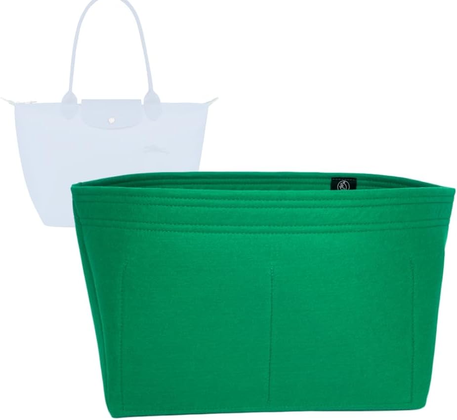 Zoomony プレミアム ロンシャン ルプリアージュ グリーン ミディアム トートバッグ (バッグの長さ: 28cm | 11 インチ) – プレミアム フェルト パース ハンドバッグ (ハンドメイド/25 色展開) [Purse Organizer, Liner, Insert, Shaper] (マーブルタン)