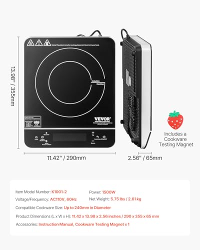 Image of VEVOR Portable Induction Cooktop, 1500W Electric Induction Burner with 9 Temperature Settings, Countertop Induction Hot Plate with 4H Timer, 24H Reservation, Child Lock, Easy to Clean, for Cooking