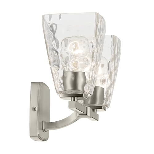 Image of Kichler Marant 2-Light Bathroom Vanity Light Fixture with Clear Water Glass in Brushed Nickel, Modern Wall Mount Light for Bathroom Over Mirror (14.25 in x 9.5 in), 55215NIWTR
