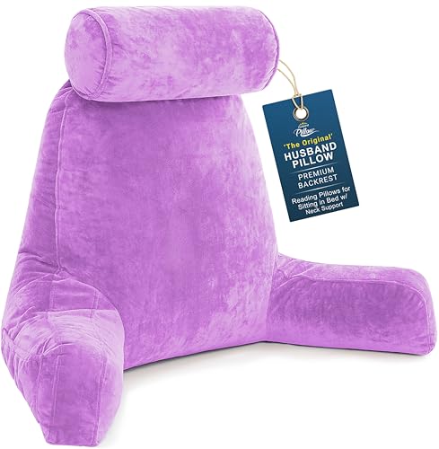 Image of Husband Pillow XXL The Original for Adults - 30 inch Tall Backrest for Sitting Up in Bed - Firm Support Reading, Bed Rest Pillow for Adults, Neck Roll, Removable Cover - TV - Light Purple