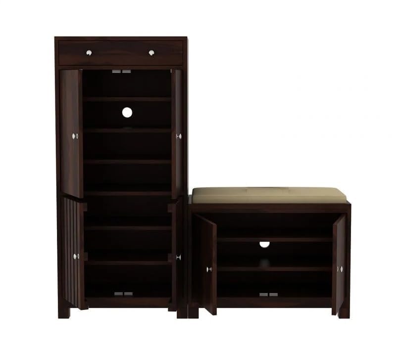 Image of VK Furniture Solid Sheesham Wood Shoe Rack with 1 Drawer & 3 Door Cabinet Storage | Wooden Large Size Shoe Cabinet with Cushion Seating for Home (Walnut Finish)