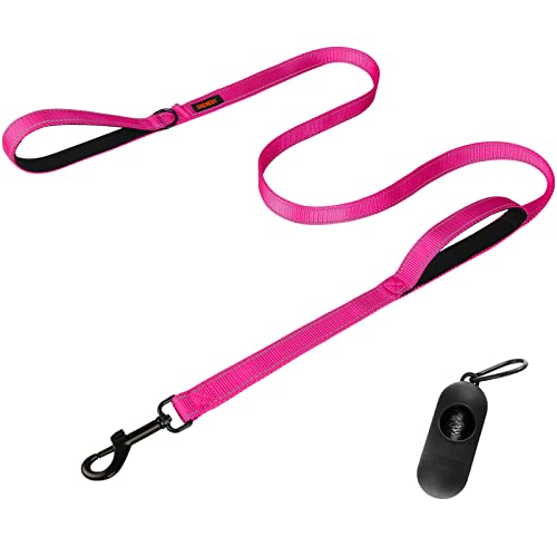 CHENEDY Dog Leash for Medium to Large Dogs with Two Padded Handles, 6ft Double Handle Dog Leash, Reflective Training Lead, Heavy Duty Traffic Leash (Pink)