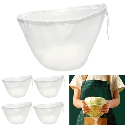 5PCS Reusable Fine Mesh Cheesecloth Bags for Straining - Bowl-Shaped Food Filter Bag, Great for Nut Milk, Juice, Soy Milk, Dumpling Fillings - Multi-Use Nylon Strainer (L)