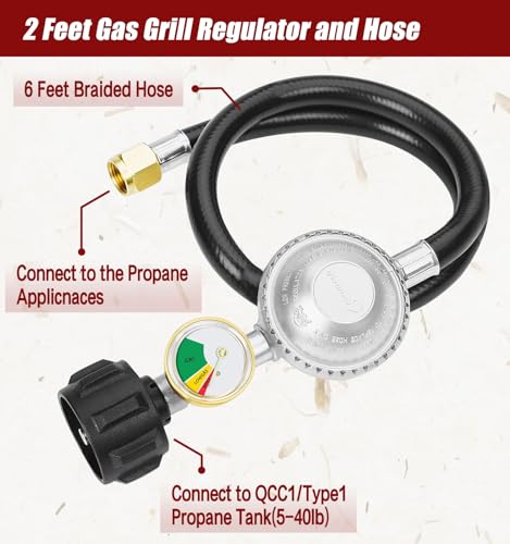 CALPOSE 2 Feet Propane Hose with Regulator & Gauge, Universal Gas Grill Regulator for Blackstone 28\'\'/36\'\' Griddle, Weber Grill, Propane fire Pit and More, 3/8\" Female Flare for Most LP Gas Grills - Thumbnail 3