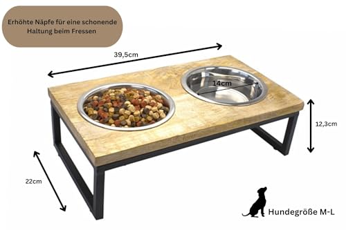 Foodbar aus Mangoholz - Futterstation mit Zwei Edelstahlnäpfen für Hunde und Katzen - Zwei Verschiedene Größen (Medium 39x22x12,3cm)