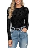 BemorRun Mesh Top Women Mesh Long Sleeve Tops-Sexy Crewneck Going Out See Through Shirts Sexy Sheer Blouses Party Clubwear(Black Floral,XL)
