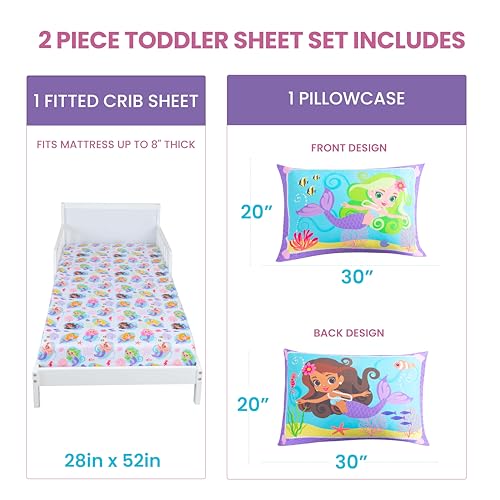 Image of Todays Kids Mermaids 2-Piece Toddler Bedding Set - Breathable 100% Soft Brushed Microfiber Polyester, Standard Size Mermaid Bedding, Gentle on Delicate Skin, Fitted Toddler Bed Sheet Set & Pillowcase