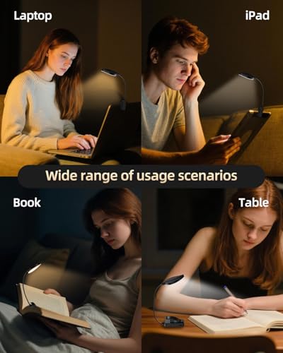 Image of Rechargeable Book Lights for Reading at Night - Eye,3 Color Temperatures,3 Brightness Levels,Flexible Goose Neck Clip on Light,Reading Lights for Books in bed with Power Indicator Bookworms (Black)
