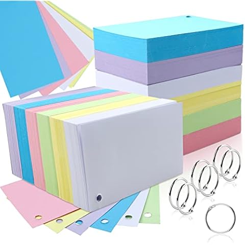 Vmiapxo 600 Pcs Index Cards, Blank Index Flash Cards, 3 x 5 Inch Colored Punched Index Cards Note Cards for Studying Record Words for Home Classroom Office( with Metal Rings) Cover