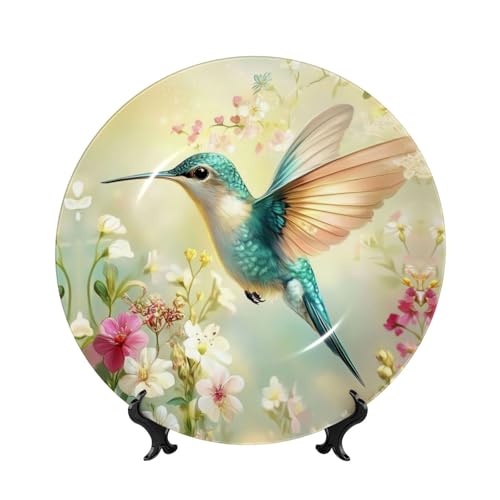YZILDP Teal Hummingbird Garden Ceramic Plate with Display Stand,10 in,Spring Birds Decorative Plates Wall Hanging Ceramic Craft Decor for Kitchen Dining Room Home