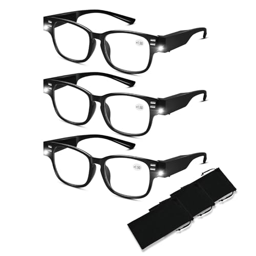 3Pack Reading Glasses Led Readers with Lights Magnifier Reading Glasses with Light for Reading Blue Light Blocking Lighted Magnifying Eyeglasses Nighttime Reader Lighted Eye Glasses for Women Men+2.5