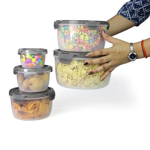 Image of PEARLPET PP Container Circular Plastic Food Storage Container with Air Tight Lid | Fridge & Freezer Dabba Containers, Fruit Box Set of 5, Black (300ml, 600ml, 1200ml, 1800ml and 3000ml)
