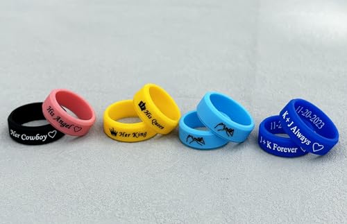 Personalized Couple Silicone Rings Husband Wife Matching Rubber Rings King & Queen Promise Wedding Bands Love Jewelry Gift for Couples (Choose Colors), Size 5-133