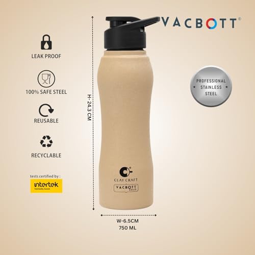 Image of Clay Craft VACBOTT Neo Single Walled Non Insulated Water Bottle-750ML, 2-Piece(Beige) Leak Proof | Easy Grip |Easy To Carry| Gym Bottle | Home | Kitchen | Hiking | Treking Bottle | Travel Bottle
