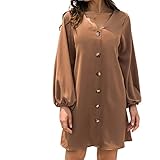 Damen Casual Kleider Minikleid Knopfleiste Blusenkleid Einfarbig V-Ausschnitt Langarm Kurz Shirt Hemdkleid (S,Braun)