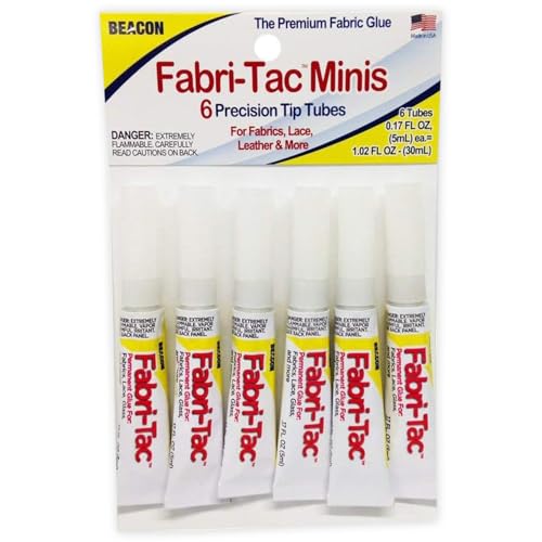 BEACON Fabri-Tac Premium Fabric Glue - Quick Drying, Crystal Clear, Permanent - for Fabrics, Canvas, Lace, Wood and More, 6 Tube Bag, 1-Pack