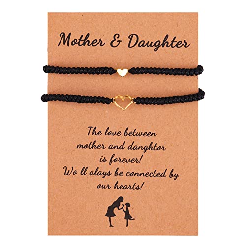 xuzhiyuan 2Pcs Love Heart Braided String Bracelets Cute Sweet Hollow Heart Matching Adjustable Bracelet Pink Black Red String Mother's Day Gifts for Mother Daughter Son