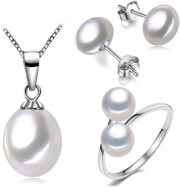 PremiumPearl 8mm White Freshwater Cultured Pearl Pendant Earrings and Ring Set AAAA Quality Sterling Silver