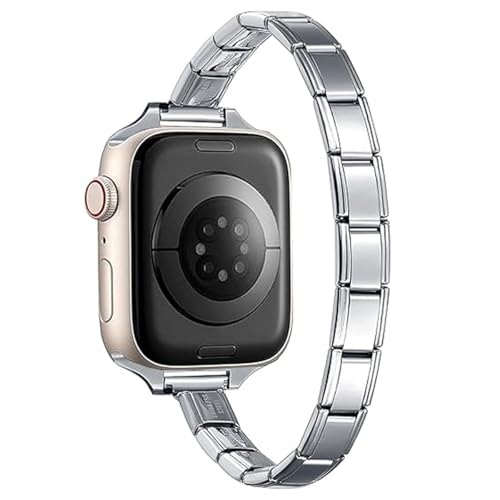9mm Silvertone Stainless Steel Italian Charm Bracelet Single Band Compatible with Apple Watch Sizes 38mm 40mm 41mm Modular Link Replacement Strap for iWatch Series 9 8 7 6 5 4 3 2 1 SE Ultra