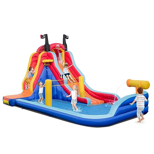 COSTWAY 5-in-1-Hüpfburg im Piratenthema mit Rutsche, Planschbecken, Wasserkanone, Basketballkorb & Kletterwand, Wasserpark für den Hinterhof, 484 x 271 x 263 cm