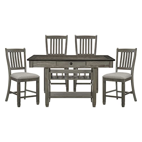 Antique-Gray-Dining-Furniture-Counter-Height-Table-with-Drawers-Wine-Rack-4-Chairs-5pc-Dining-Set-Solid-Wood-Country-Kitchen-Style Antique Gray Dining Furniture Counter Height Table with Drawers Wine Rack 4 Chairs 5pc Dining Set Solid Wood Country Kitchen Style