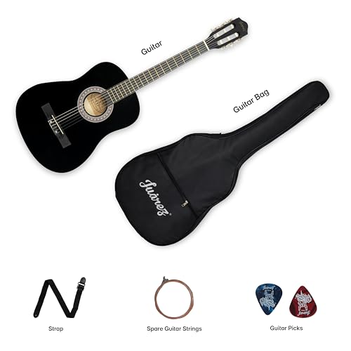 Image of Juarez 38 Inch Classical Guitar with Nylon Strings for Beginners, Finger-Friendly Full Size Guitar Kit with Bag, Picks, Strap & Extra Steel Strings for Upgrade, Black