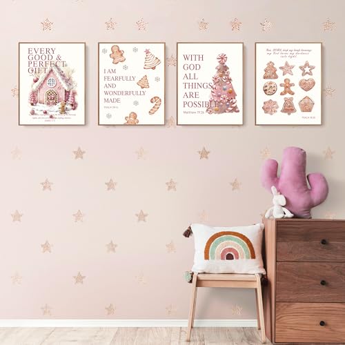 Image of LARTSFRO Coquette Pink Christmas Gingerbread House Gifts Wall Art Decor Posters, Cute Christmas Gingerbread Man Christian Room Bathroom Bedroom Dorm Wall Art Decor Aesthetic for College Teen Girls Gifts, Inspirational Bible Verses Gingerbread Wall Decor, 10x8 Inch Set of 4 Pcs Christmas Pictures (UNFRAMED)