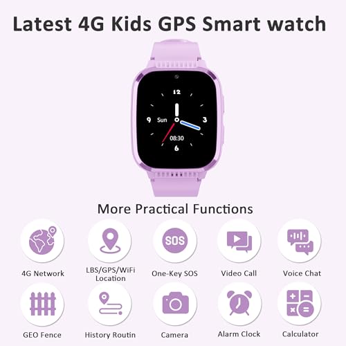 Image of 4G Kids Smart Watches Girls with GPS Tracker & Video Calling Texting Kids Cell Phone Watch Age 5-12, 12 /24 Hr One-Key SOS Call Voice Chat Alarm Clock Camera Pedometer Sport Mode Birthday Gifts(Purple)