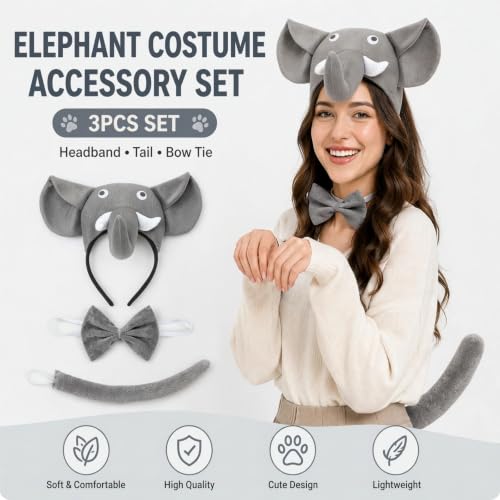 Image of Grey Elephant Headband with Bow and Tail Costume Set,Halloween Animal Ears Costume Dress Up Suit, Cosplay Party Supplies for Adult