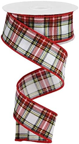 Printed Plaid Look on Satin Wired Edge Ribbon, 10 Yards - (Black, Green, Red, Yellow, White, 1.5 Inch)