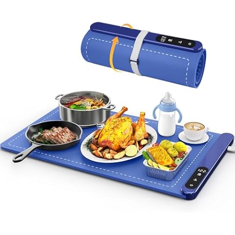 Food Warming Mat, 6 Temperature Modes Warming Mat for Food, Foldable Electric Warming Tray with Upgraded Graphene Full Surface Heating, Auto Shut-Off Food Warmer Mat for Buffets Party, Silicone Blue Cover