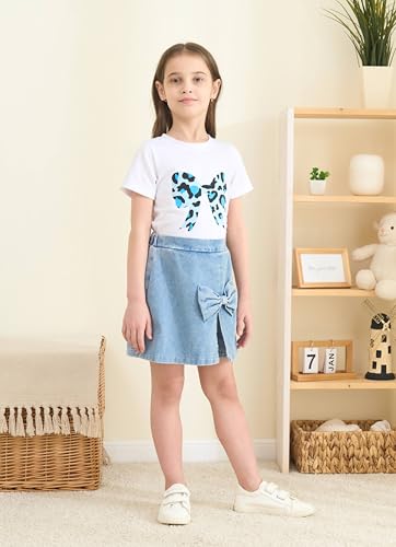 Image of Azmxynol Kid Girls Clothes Outfits Bowknot T-Shirt + 2 In 1 Denim Short Skort Summer Clothing Set, Size 4-10 Years