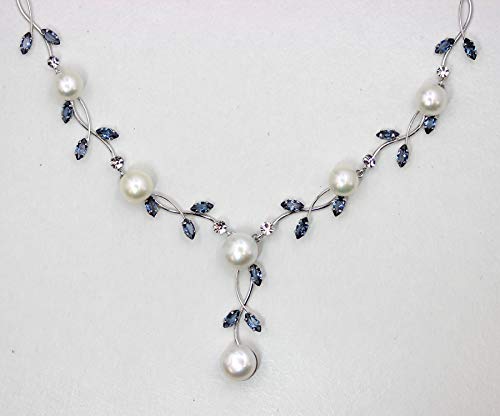 Faship Gorgeous Navy Blue Cz Crystal Genuine Freshwater Pearls Floral Necklace Earrings Set - Navy Blue #TOP2