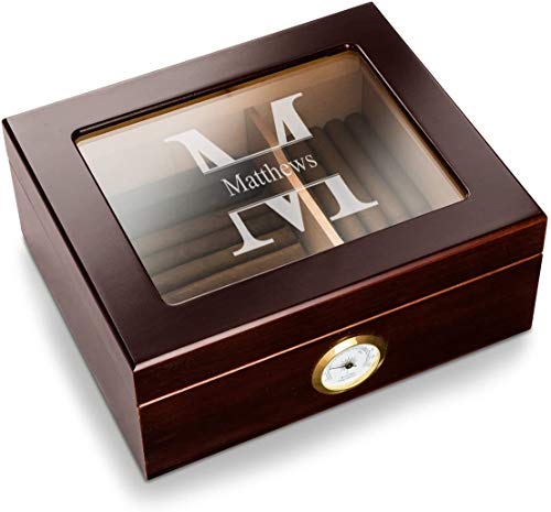 Personalized Humidor Cigar Box with Glass Top and Round Humidifier - 50 Cigars Capacity, Made of Mahogany Wood, Unique Christmas Gifts for Boyfriend, Men, Teacher, Family, Husband (Stamped Design)
