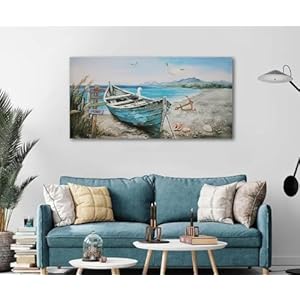 Anolyfi Coastal Beach Canvas Wall Art Boat Picture Blue Ocean Seascape Seagull Nautical Landscape Textured Painting Artwork Large Framed for Living Room Bedroom Bathroom Office Home Decor 40×20