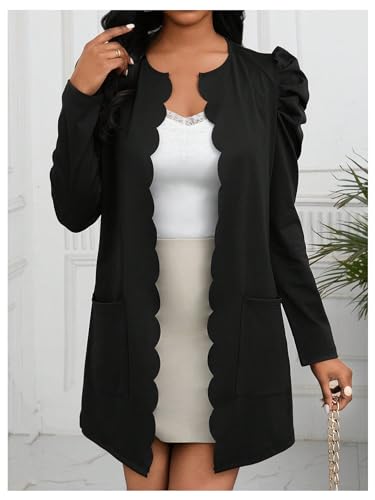 SOLY HUX Women's Open Front Cardigan Puff Long Sleeve Scalloped Trim Outerwear with Pockets4