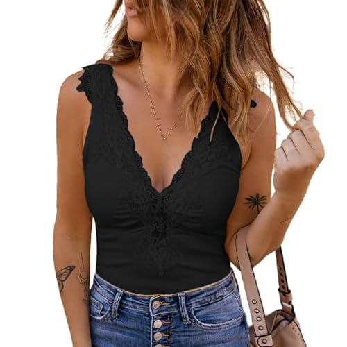 Poetsky Women's V-Neck Lace Tank Top - Loose Sleeveless Tunic With Side Split - View #10