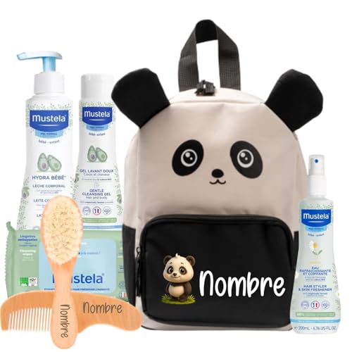 Mababyshop Mi Primera Canastilla para Bebé, Mochila Personalizada con Nombre, Set de Higiene, Cepillo Supersuave y Peine de Madera Grabados (Mochila Panda)
