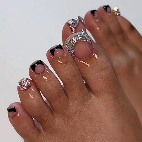 Image of Black Press on Nails French Tip Fake Nails with Rhinestone Design Glossy Full Cover Glue on Nails Short Square False Nail Artificial Acrylic Stick on Nail for Women Giels Manicure 24Pcs