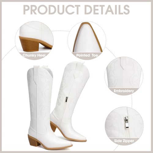 White Cowboy Boots for Women - Wide Calf Rhinestone Cowgirl Boots, Women Knee High Western Boots, Glitter Sparkly Ladies Tall Boots with Classic Embroidery and Side Zipper, Retro Classic Country Boots Pull On for Ladies4
